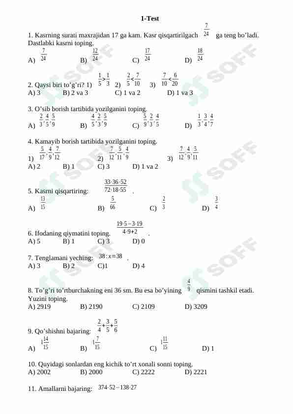 Matematika fanidan testlar