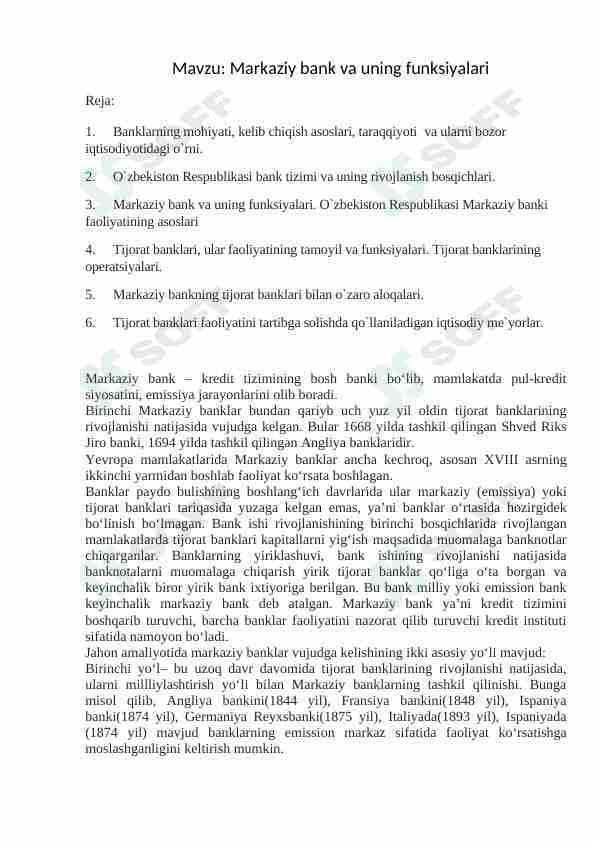 Markaziy bank va uning funksiyalari Silabus