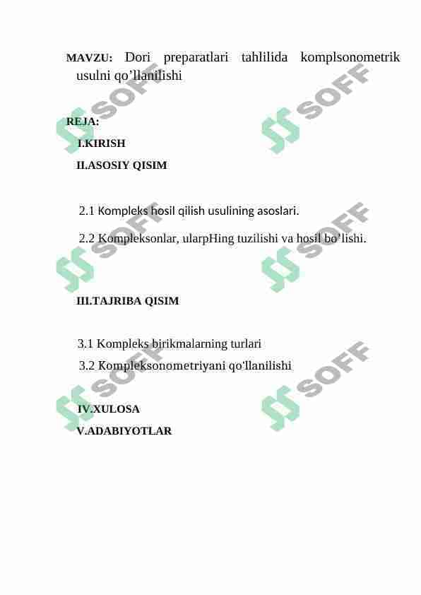 Dori preparatlari tahlilida komplsonometrik usulni qo’llanilishi