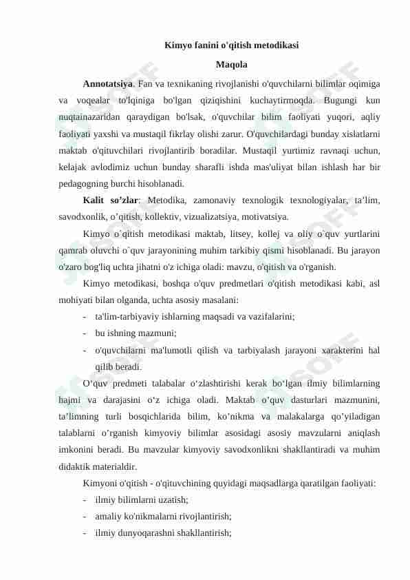 Kimyo fanini o'qitish metodikasi