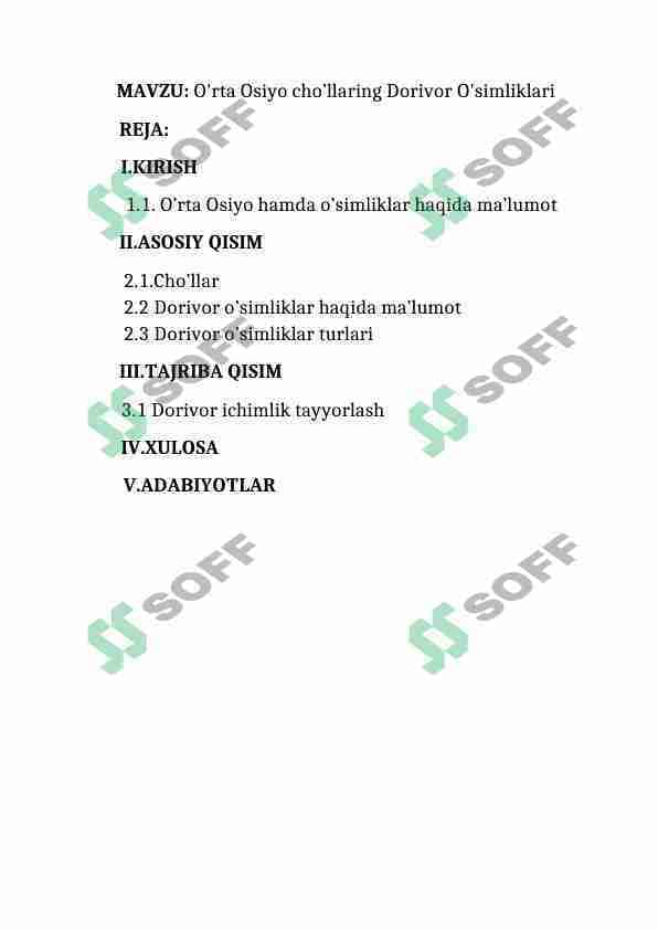 O'rta Osiyo cho’llaring Dorivor O'simliklari
