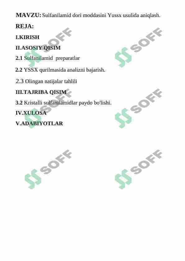 Sulfanilamid dori moddasini Yussx usulida aniqlash - YSSX