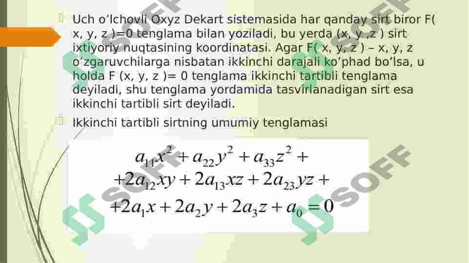 Ikkinchi tartibli sirtlarning umumiy tenglamalari kanonik ko‘rinishi.