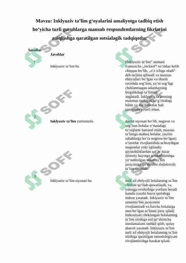 Inklyuziv ta’lim g‘oyalarini amaliyotga tadbiq etish bo‘yicha turli guruhlarga mansub respondentlarning fikrlarini aniqlashga qaratilgan sotsialagik tadqiqotlar