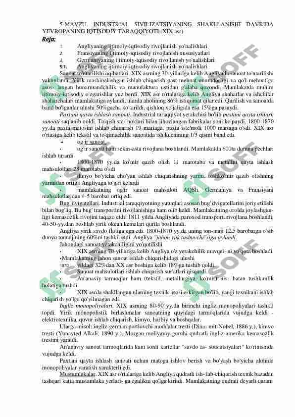 INDUSTRIAL SIVILIZATSIYANING SHAKLLANISHI DAVRIDA YEVROPANING IQTISODIY TARAQQIYOTI (XIX asr)