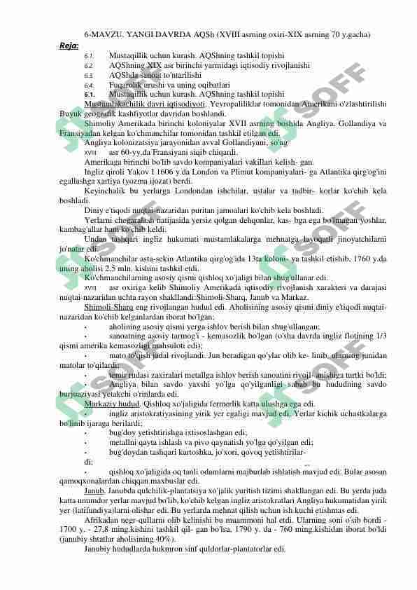 YANGI DAVRDA AQSh (XVIII asrning oxiri-XIX asrning 70 y.gacha)