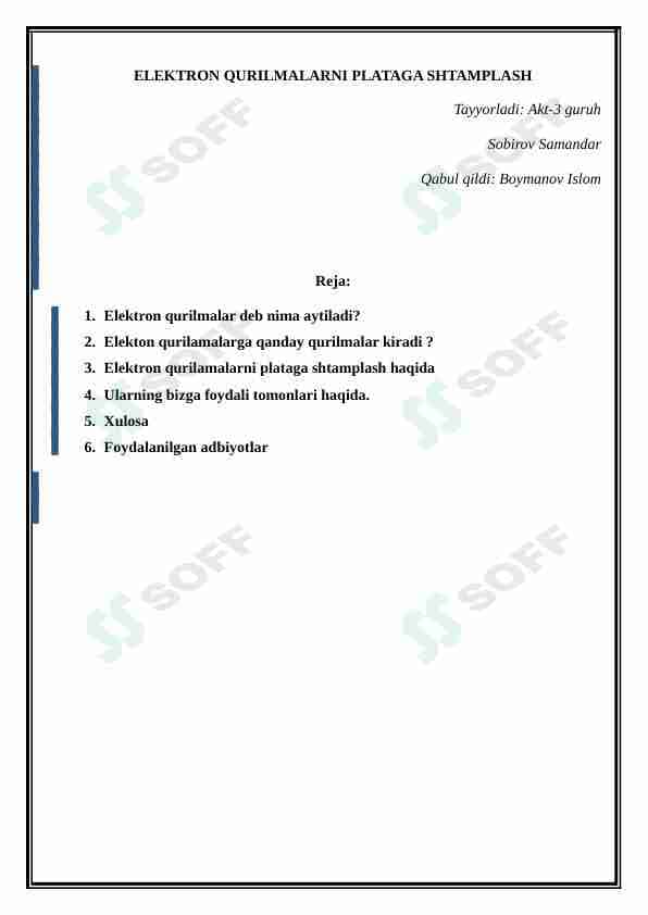 ELEKTRON QURILMALARNI PLATAGA SHTAMPLASH