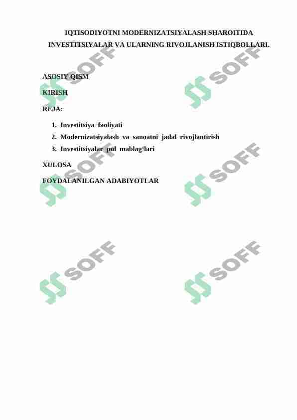 Iqtisodiyotni modernizatsiyalash sharoitida investitsiyalar va ularning rivojlanish istiqbollari