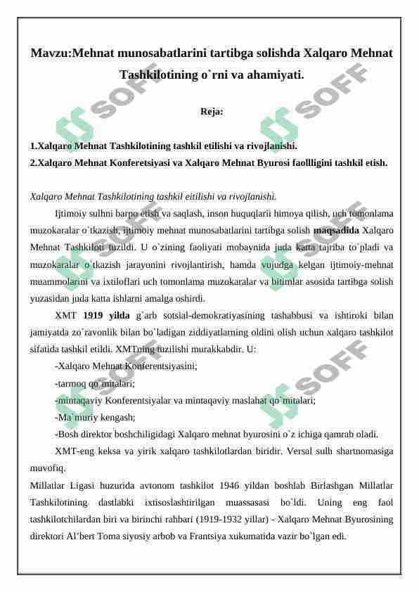 Mehnat munosabatlarini tartibga solishda Xalqaro Mehnat Tashkilotining o`rni va ahamiyati.