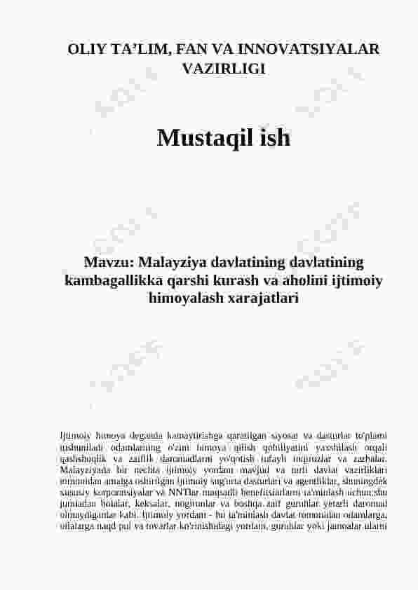 Malayziya davlatining davlatining kambagallikka qarshi kurash va aholini ijtimoiy himoyalash xarajatlari