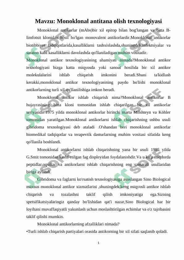 Monoklonal antitana olish texnologiyasi