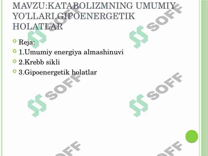 Katabolizmning umumiy yo’llari.Gipoenergetik holatlar