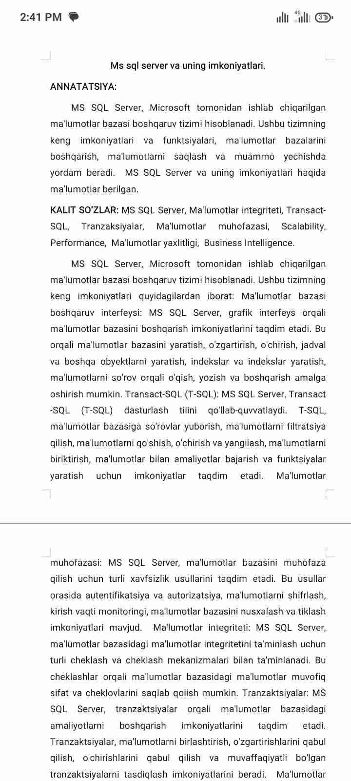 Ms sql server va uning imkoniyatlari.