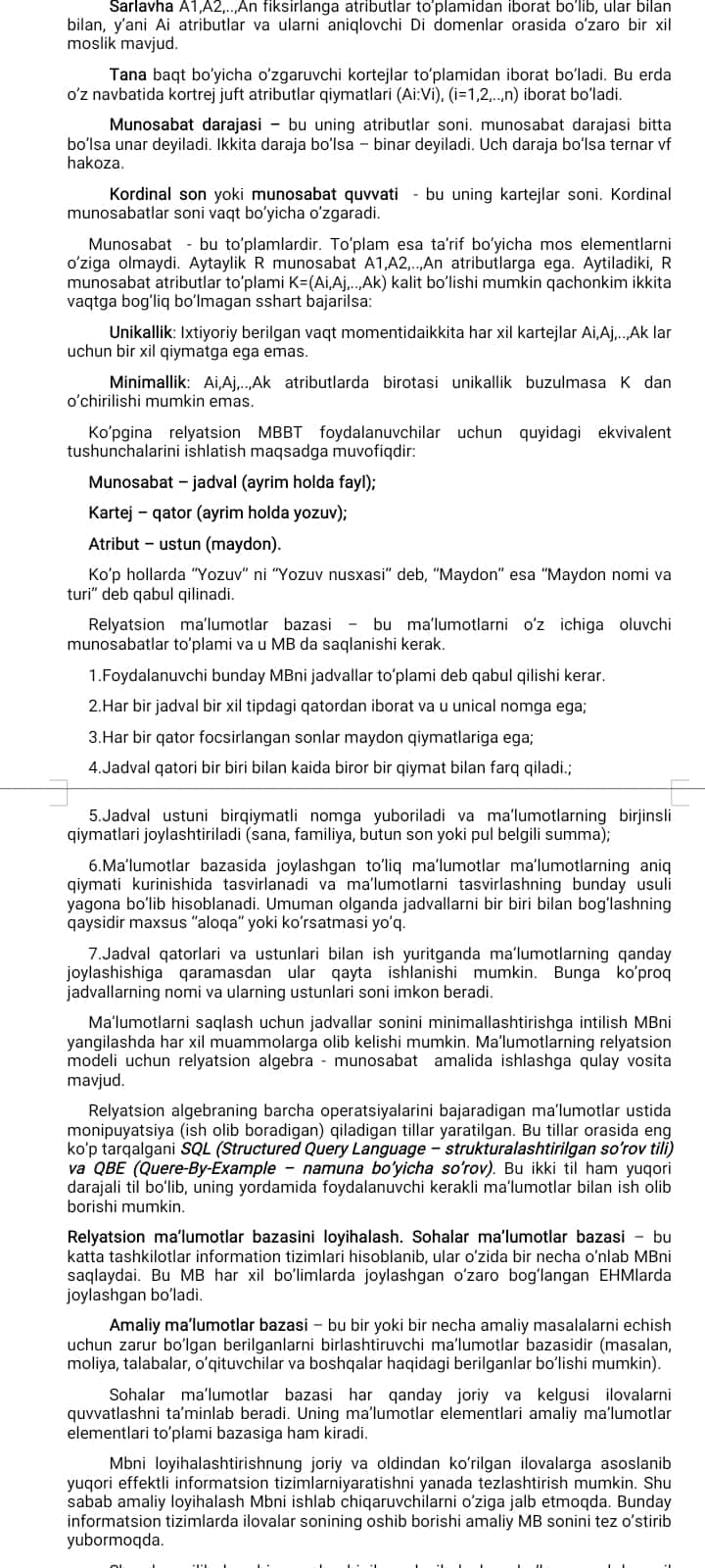 Berilganlar bazasini boshqaruvining texnik asoslari