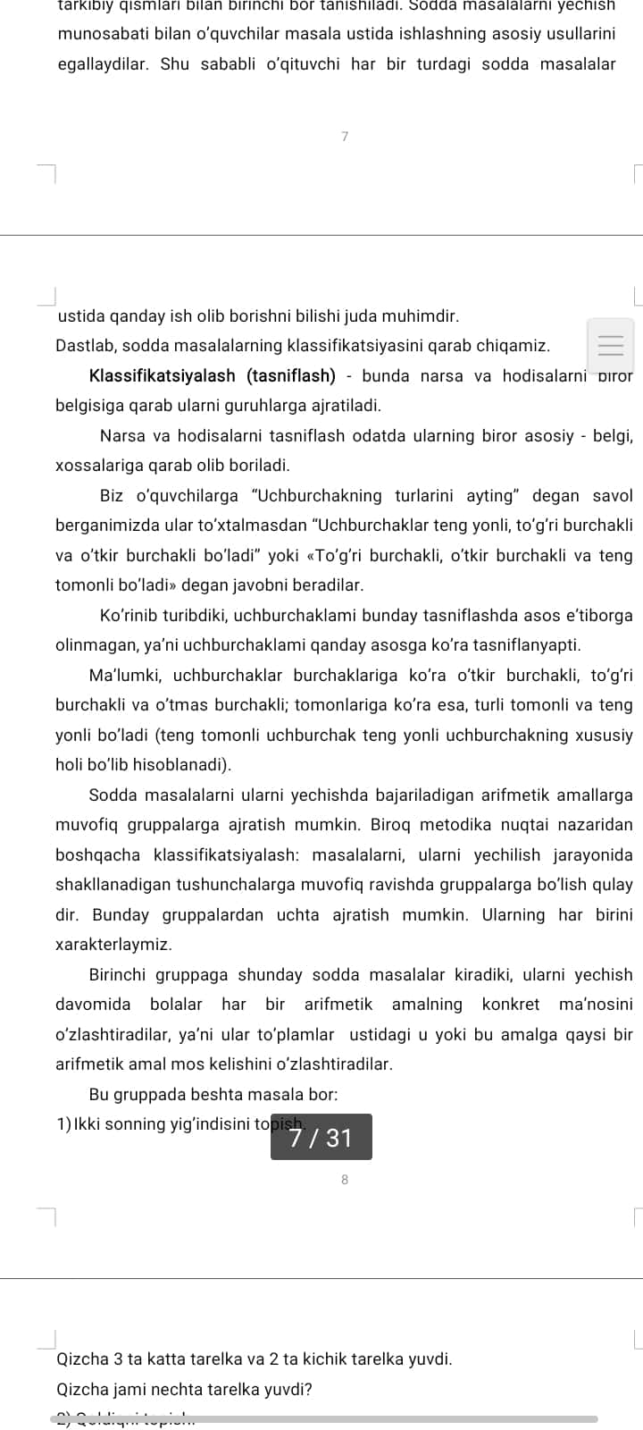 “O’NLIK” VA “YUZLIK” MAVZUSIDA MISOL VA MASALALAR BAJARISHNING METODIKASI
