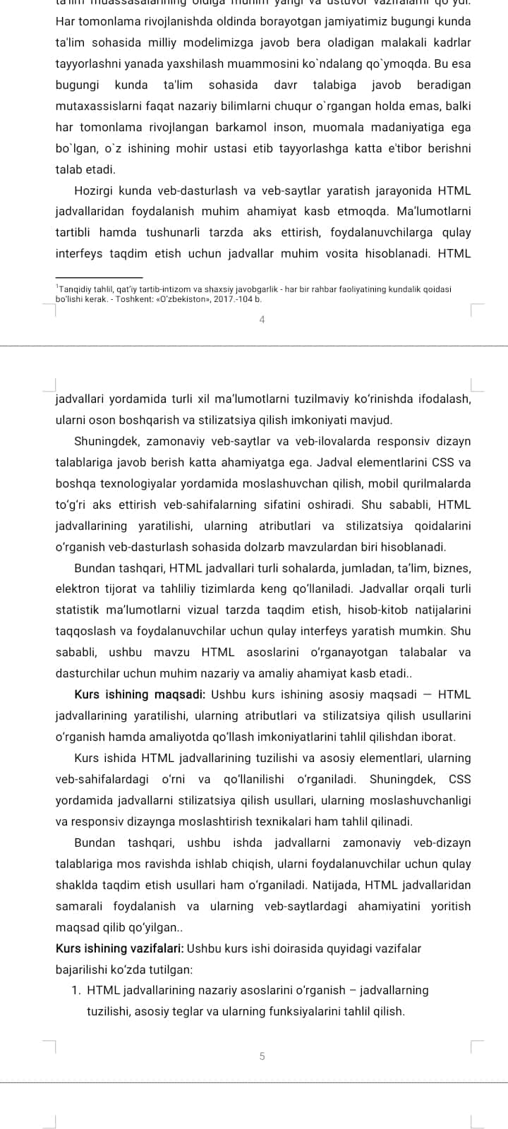 HTML jadvallari bilan ishlash - KURS ISHI
