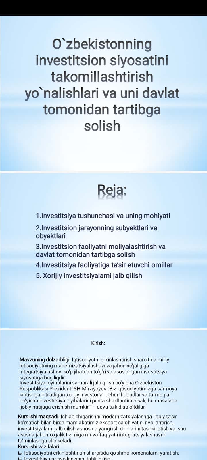 O`zbekistonning investitsion siyosatini takomillashtirish yo`nalishlari va uni davlat tomonidan tartibga solish