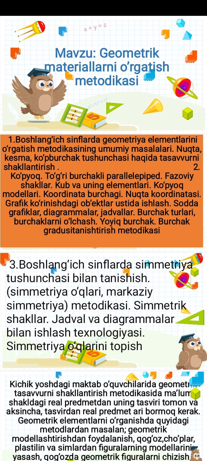 Geometrik materiallarni o’rgatish metodikasi