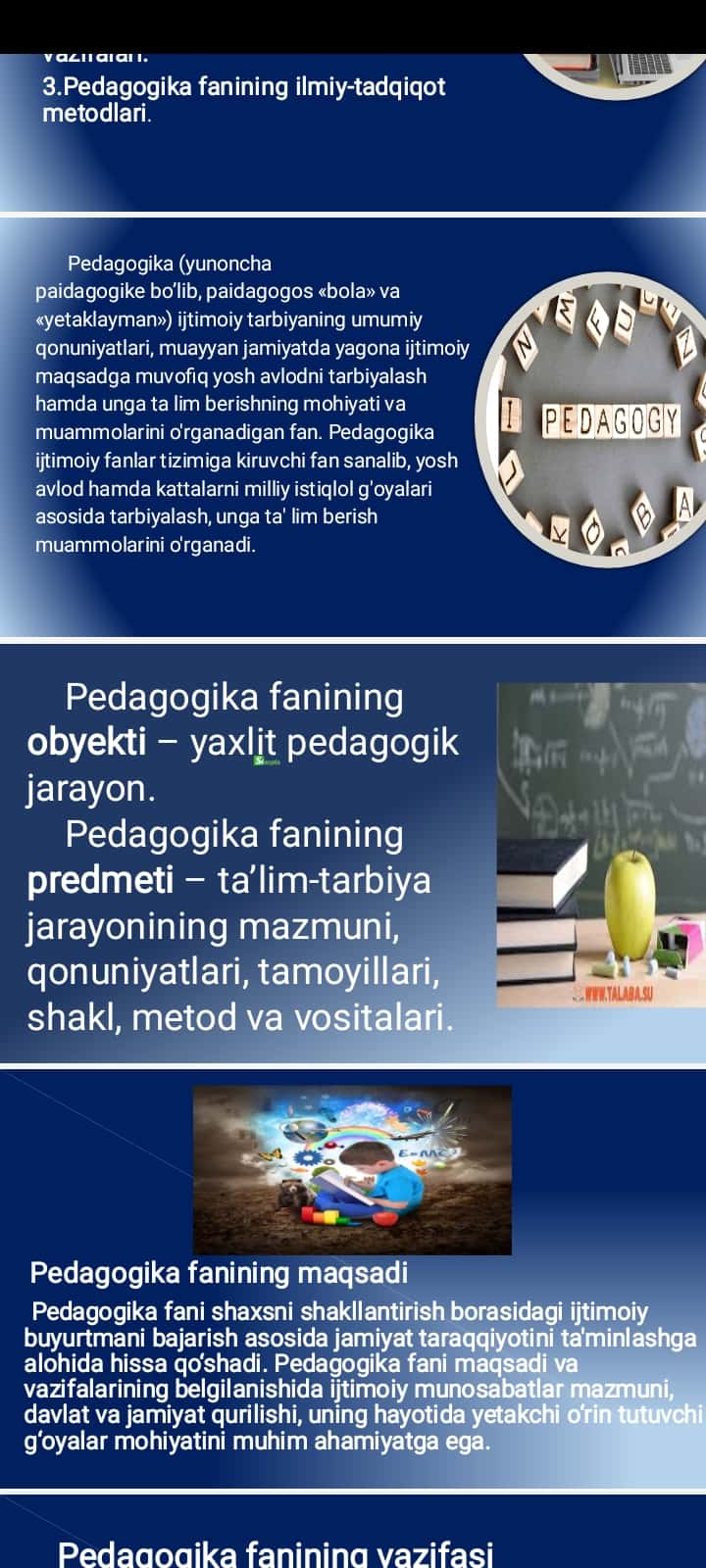 Pedagogika fanining predmeti, maqsad va vazifalari, ilmiy-tadqiqot metodlari