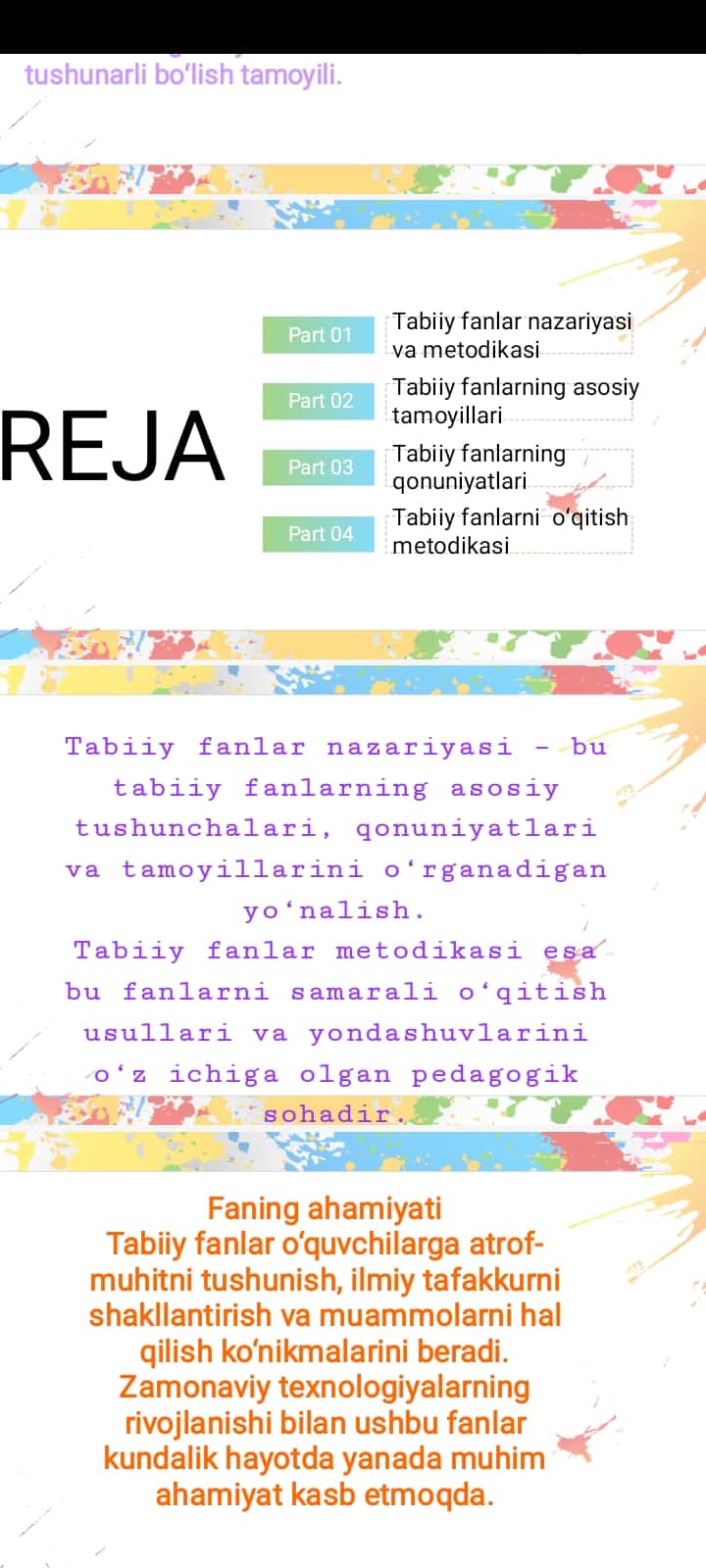 Tabiiy fanlar nazariyasi va metodikasi fanining tamoyillari va qonuniyatlari.