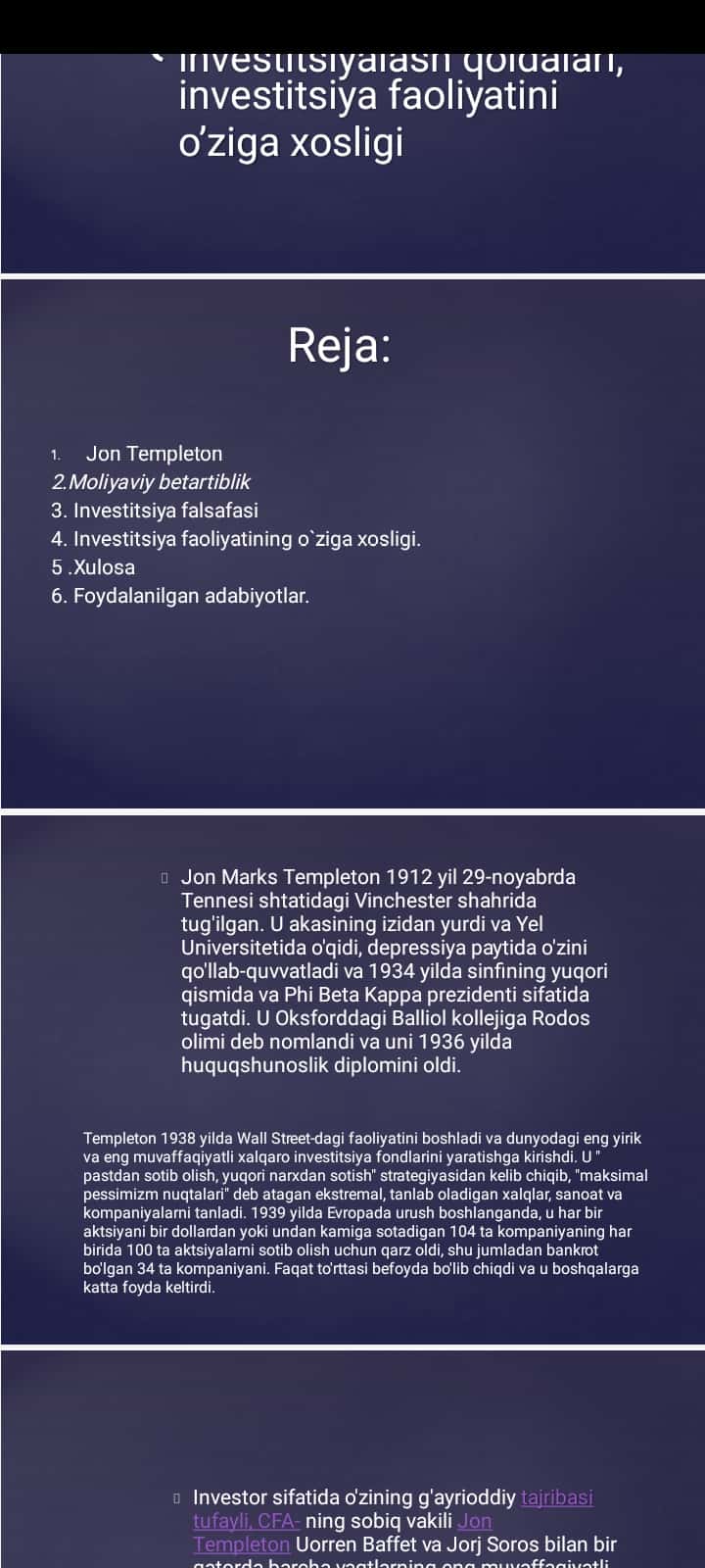 Jon Temptonning investitsiya faoliyati, investitsiyalash qoidalari, investitsiya faoliyatini o’ziga xosligi