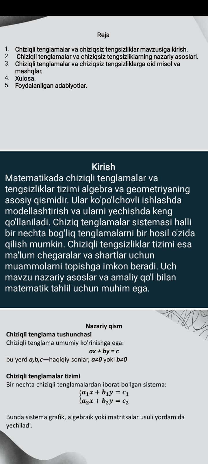 Chiziqli tenglamalar va chiziqsiz tengsizliklar