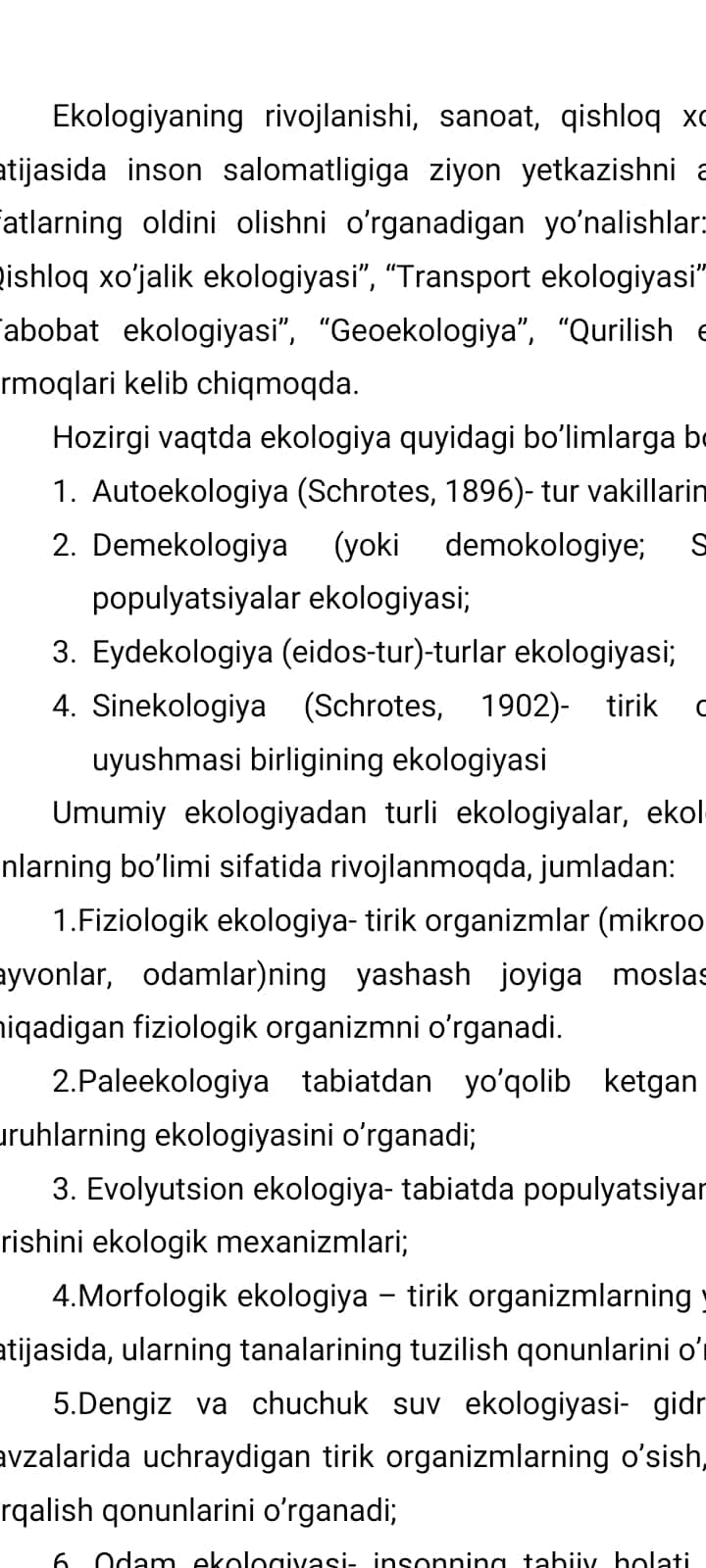 Ekologiya fani va uning bo’limlari, uslublari va vazifalari