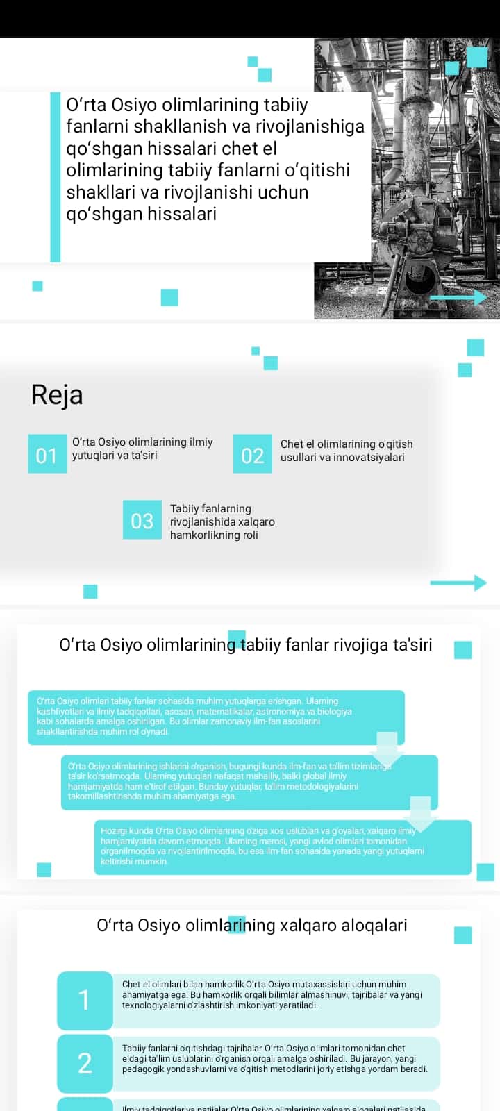 Oʻrta Osiyo olimlarining tabiiy fanlarni shakllanish va rivojlanishiga qoʻshgan hissalari chet el olimlarining tabiiy fanlarni oʻqitishi shakllari va rivojlanishi uchun qoʻshgan hissalar