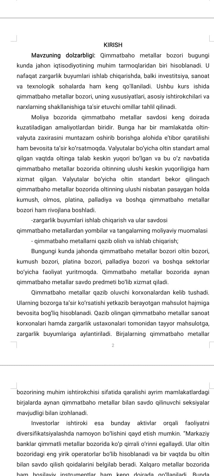 QIMMATBAXO METALLAR BOZORI.