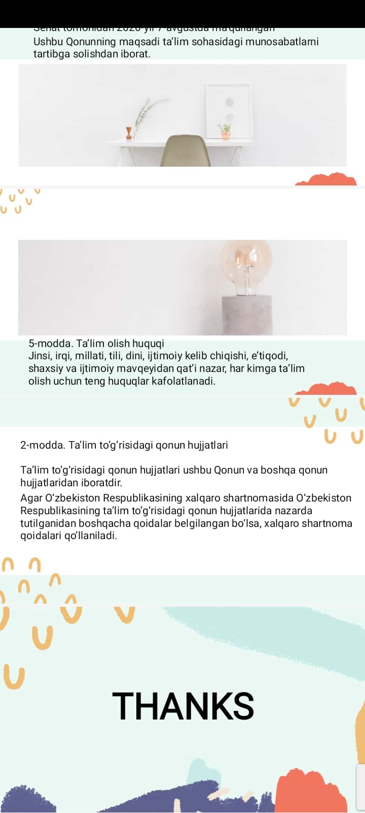 Ózbekiston Respublikasining Talim toĝrisidagi qonuni va mohiyati