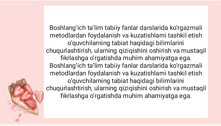 Mavzu: Boshlang‘ich ta'lim tabiiy fanlar darslarida ko‘rgazmali metodlardan foydalanish va kuzatishlarni tashkil etish