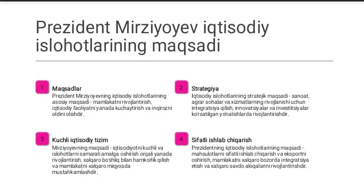 Òzbekiston Respublikasi Prezidenti Sh.M.Mirziyoevning keng miqyosli iqtisodiy islohotlari va uning mazmuni