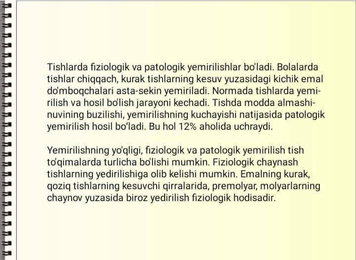 Patologik yedirilishda ChPJBda yuzaga keladigan o'zgarishlar.