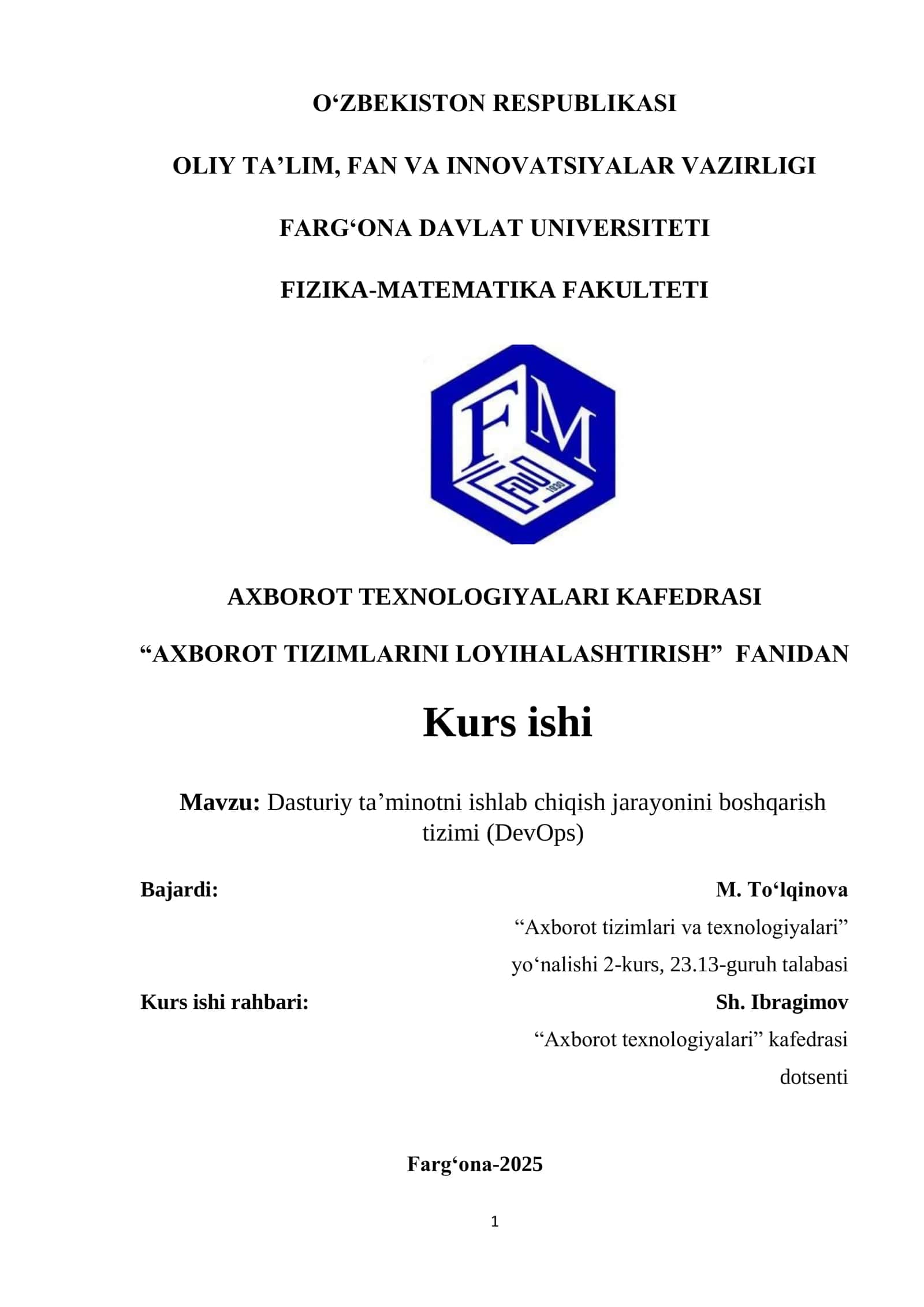 Dasturiy ta’minotni ishlab chiqish jarayonini boshqarish tizimi (DevOps)