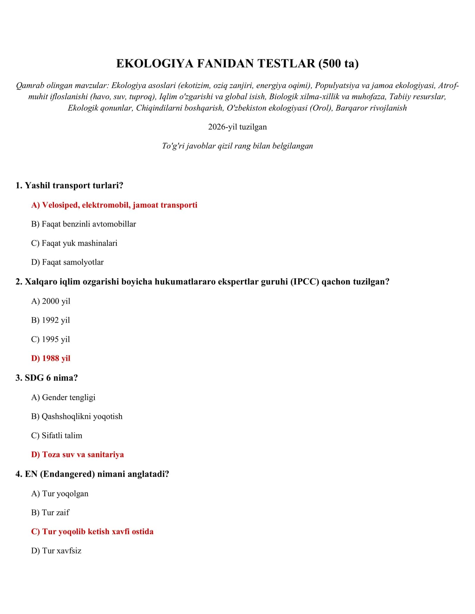 Ekologiya Fanidan Testlar