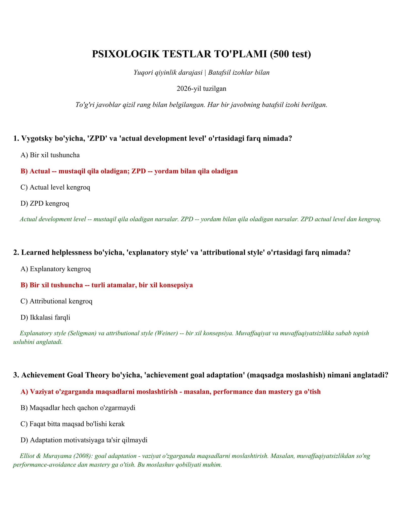 PSIXOLOGIK TESTLAR TO'PLAMI (500 test)