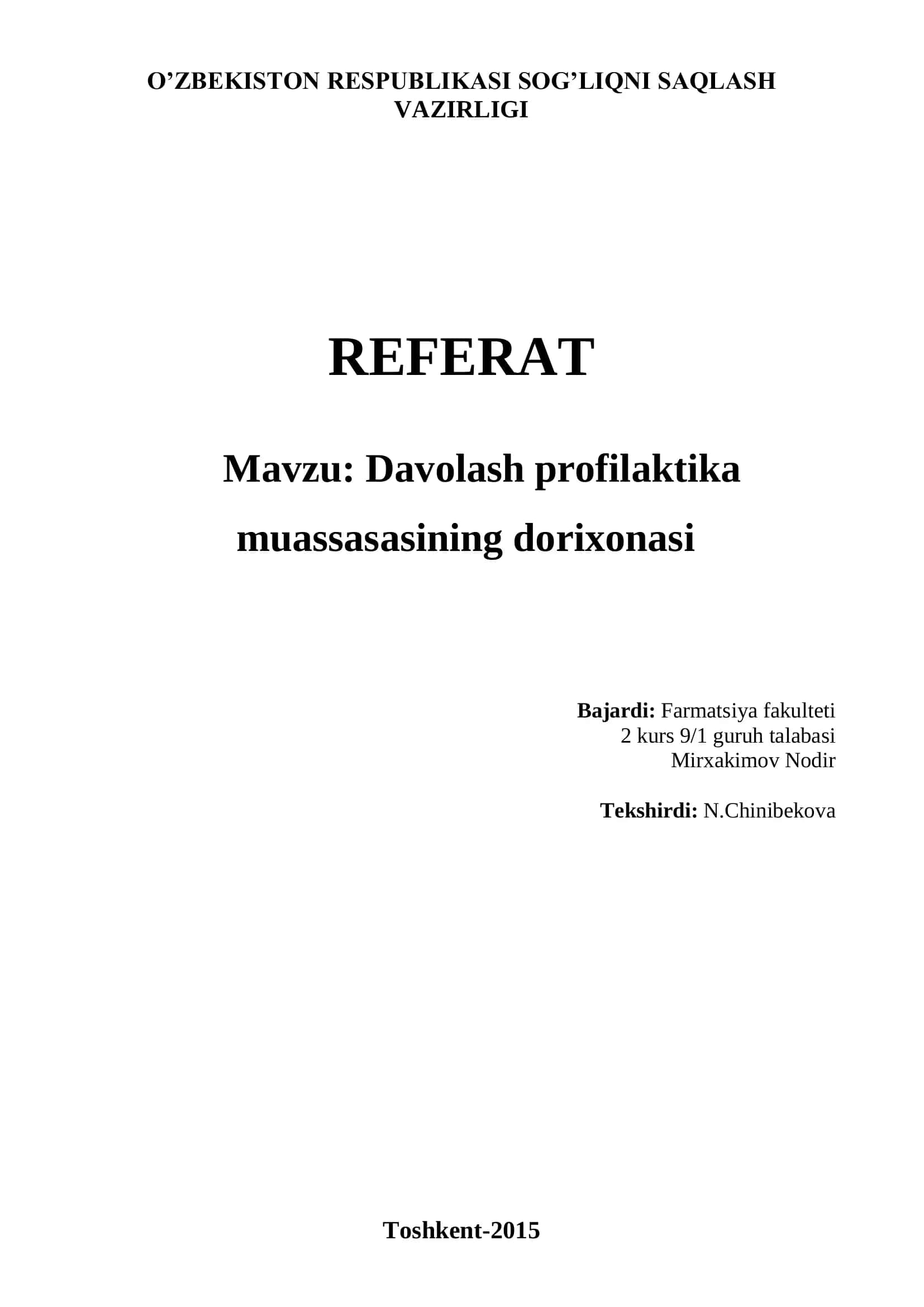 Davolash profilaktika muassasasining dorixonasi