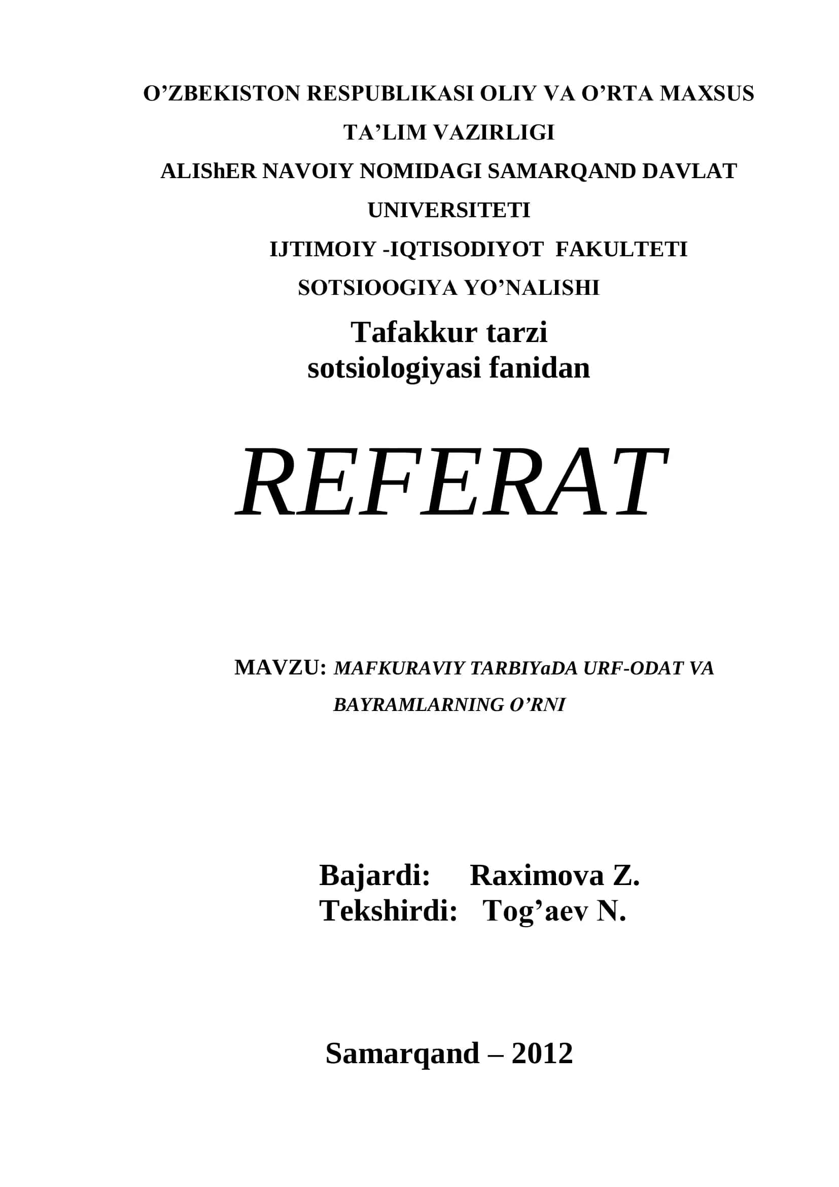 MAFKURAVIY TARBIYaDA URF-ODAT VA BAYRAMLARNING O’RNI