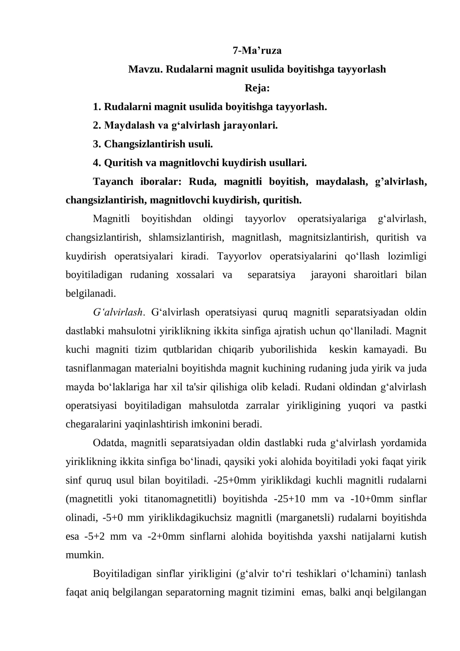 Rudalarni magnit usulida boyitishga tayyorlash