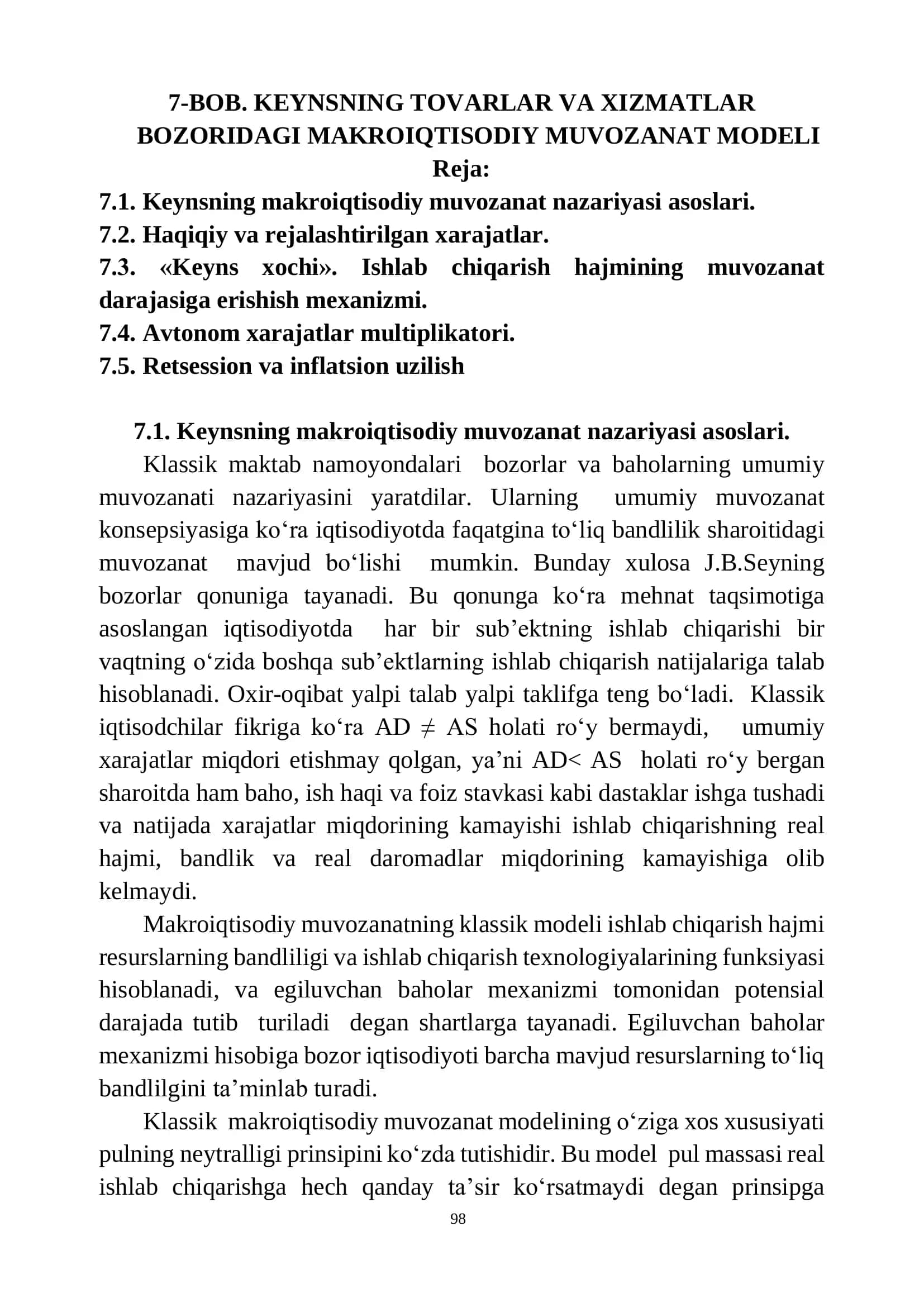 BOB. KEYNSNING TOVARLAR VA XIZMATLAR BOZORIDAGI MAKROIQTISODIY MUVOZANAT MODELI