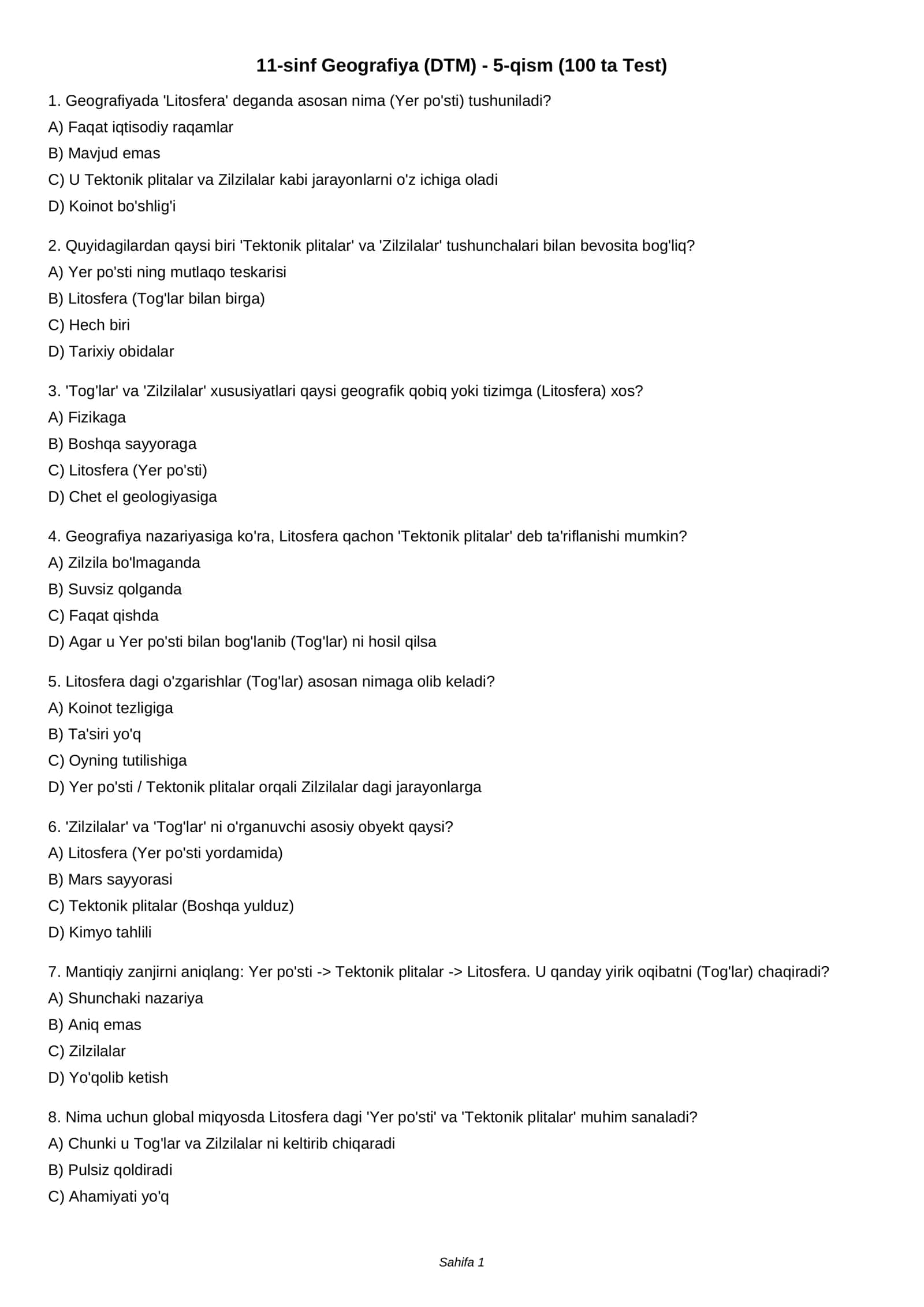 11-sinf Geografiya (DTM) - 5-qism (100 ta Test)