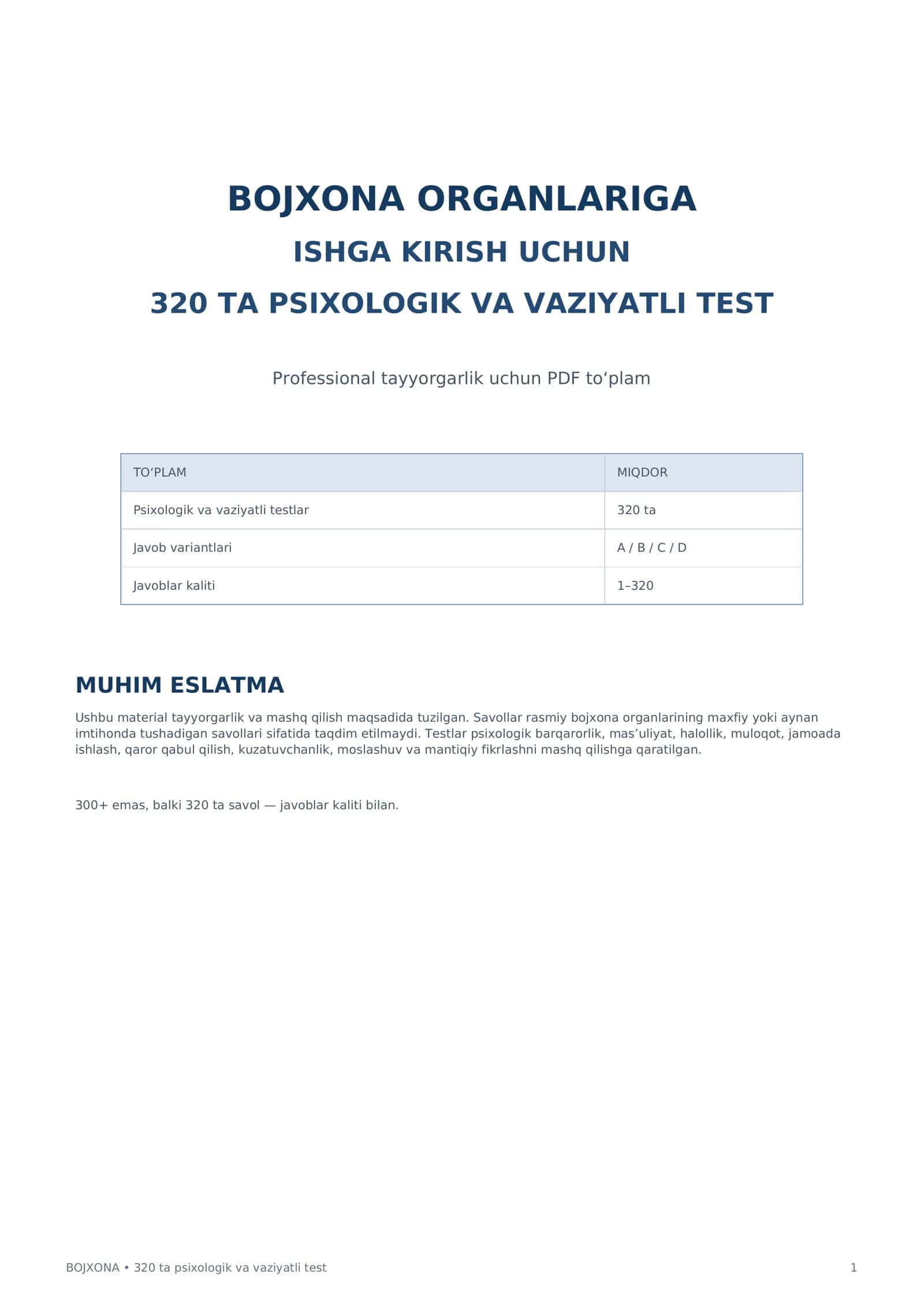 Bojxona Organlariga Ishga Kirish uchun 320 ta Psixologik Test | Javoblar Kaliti bilan PDF