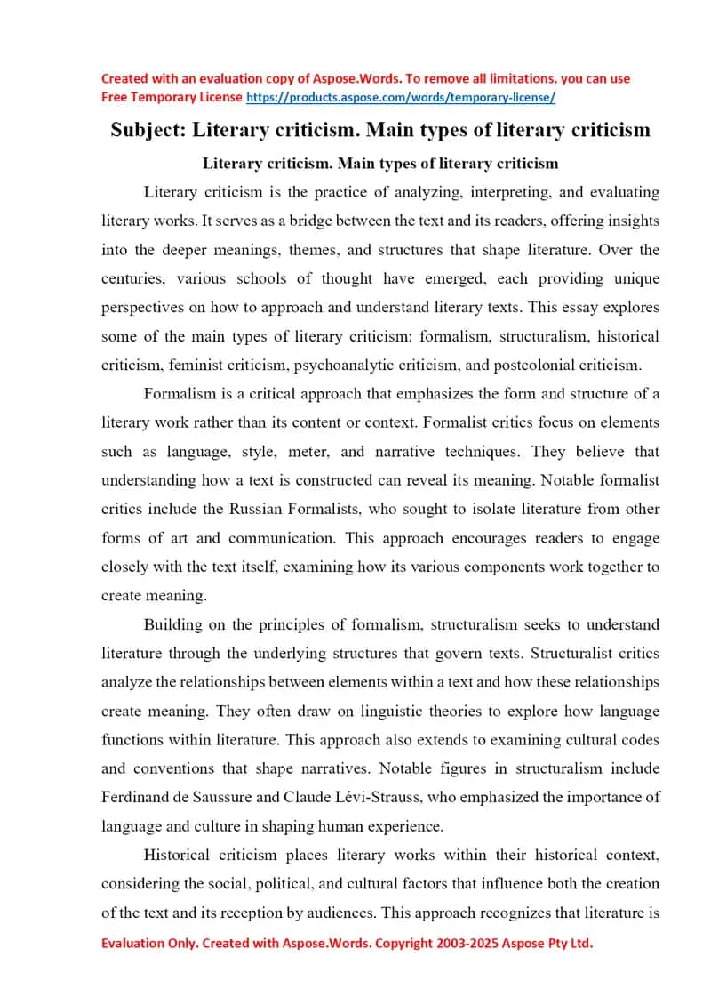 Literary criticism. Main types of literary criticism
