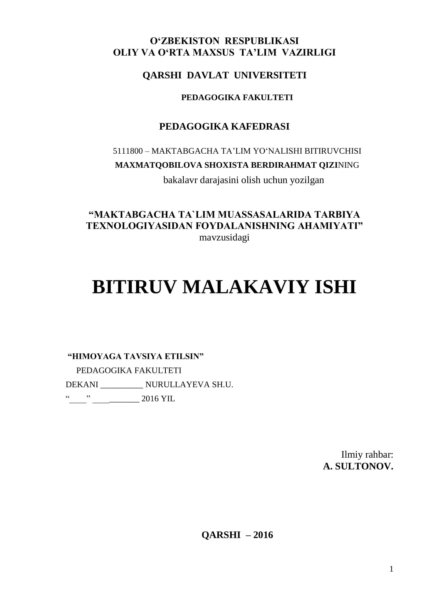 MAKTABGACHA TA’LIM MUASSASALARIDA TARBIYA TEXNOLOGIYASIDAN FOYDALANISHNING AHAMIYATI