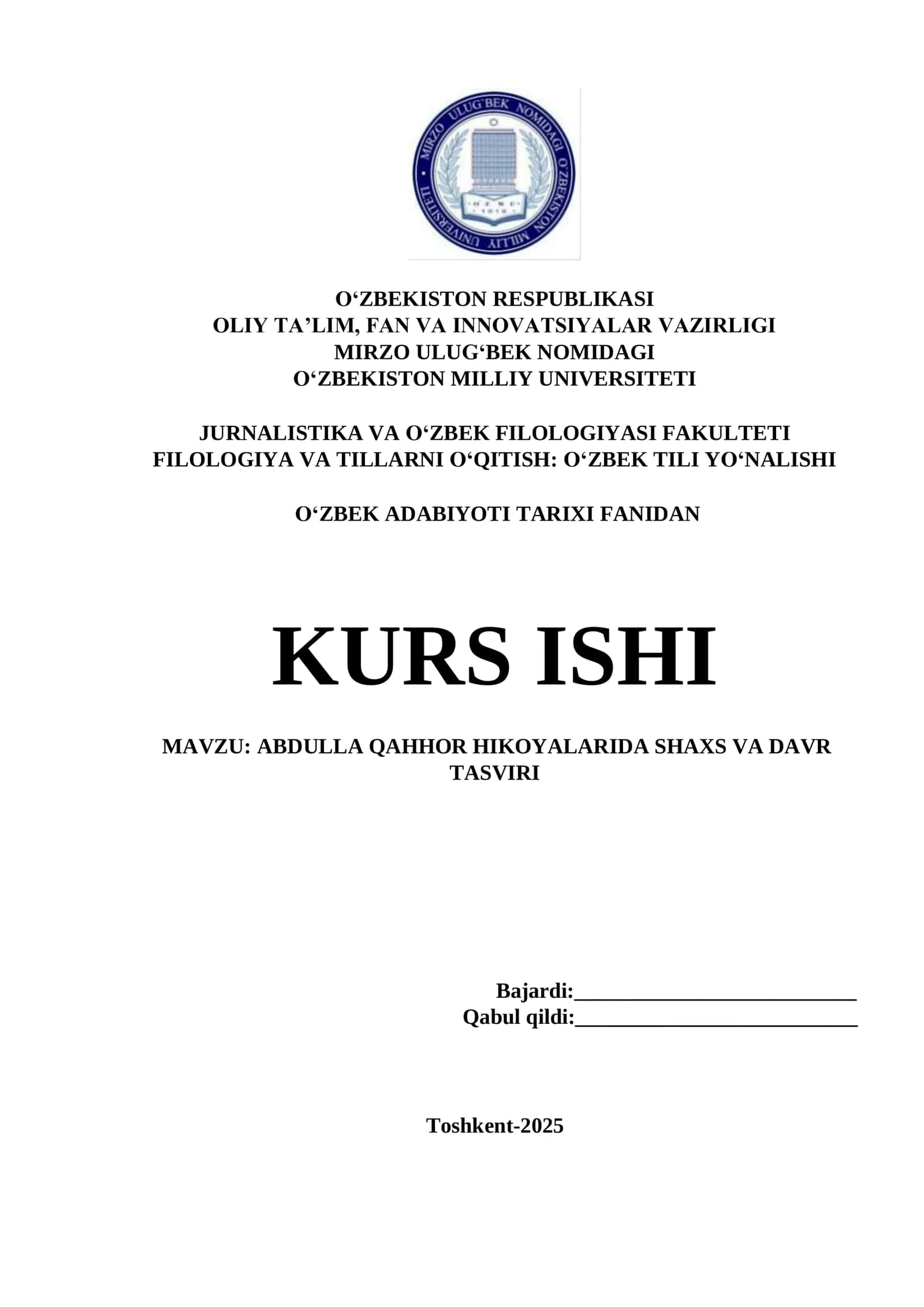 ABDULLA QAHHOR HIKOYALARIDA SHAXS VA DAVR TASVIRI
