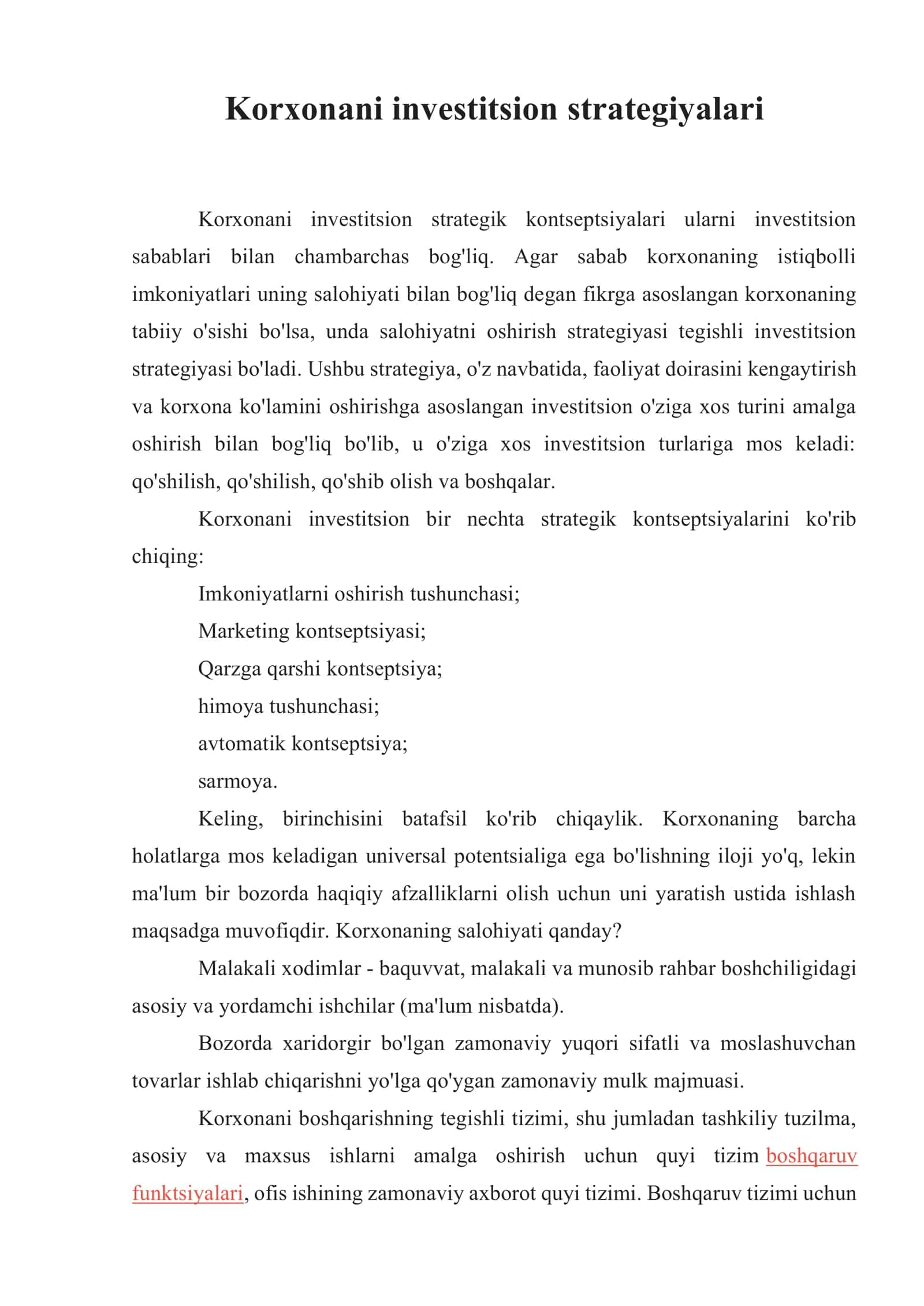 Korxonani investitsion strategiyalari