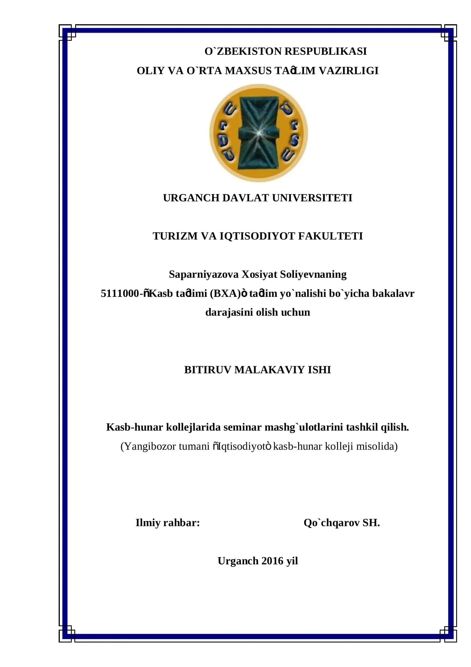 Seminar mashg`ulotlarini tashkil qilish