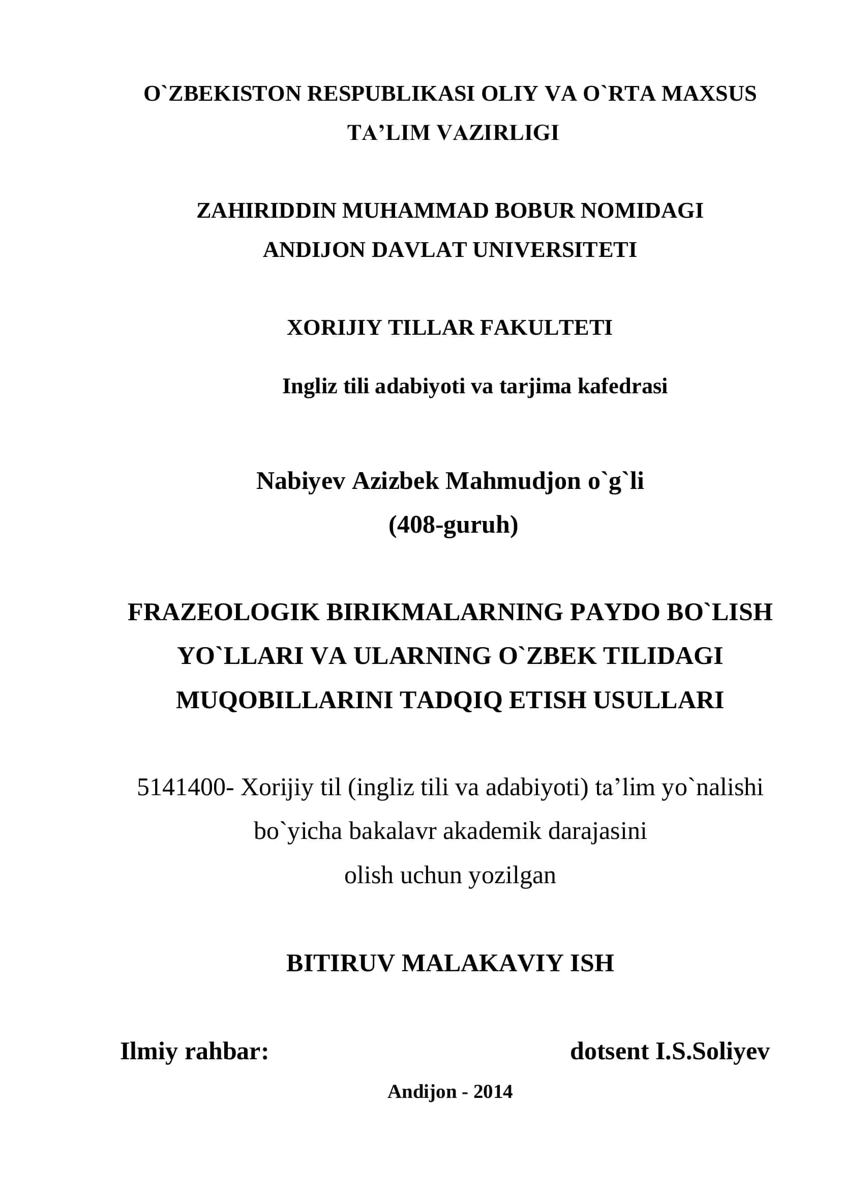 FRAZEOLOGIK BIRIKMALARNING PAYDO BO`LISH YO`LLARI VA ULARNING O`ZBEK TILIDAGI MUQOBILLARINI TADQIQ ETISH USULLARI