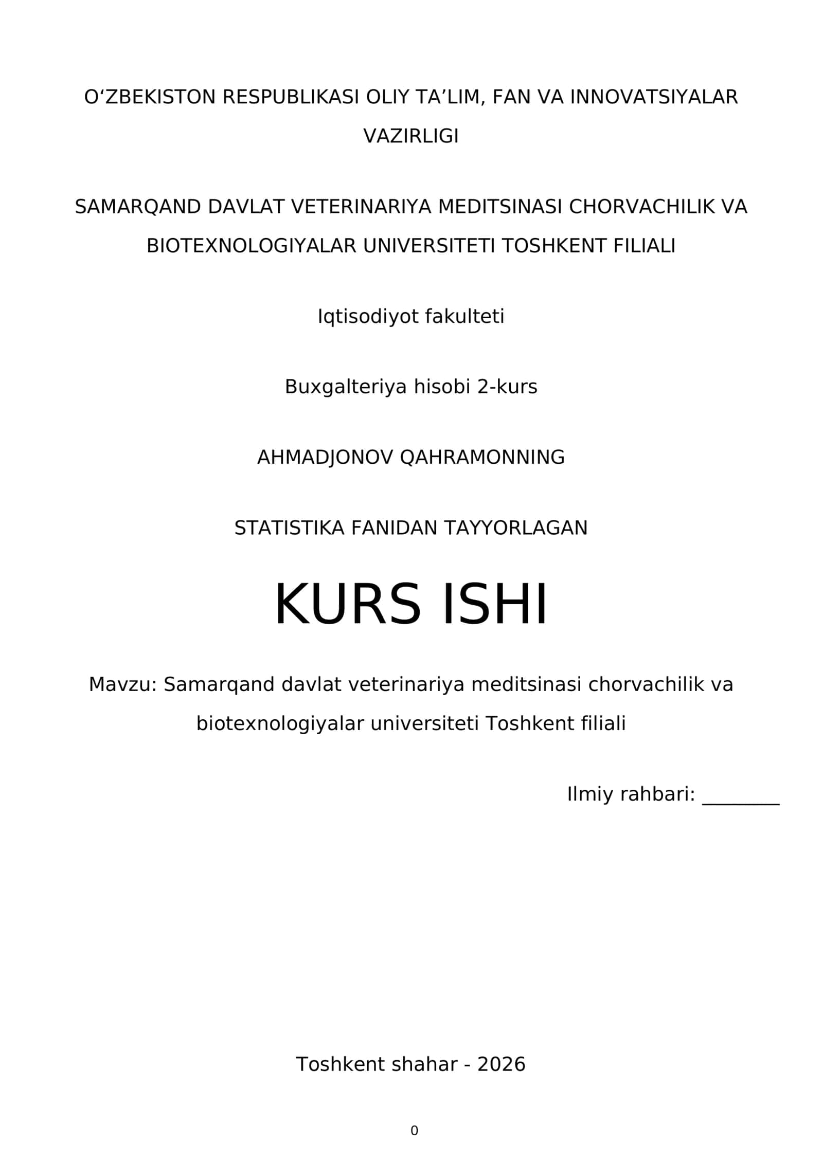 Statistika Fani Kurs Ishi