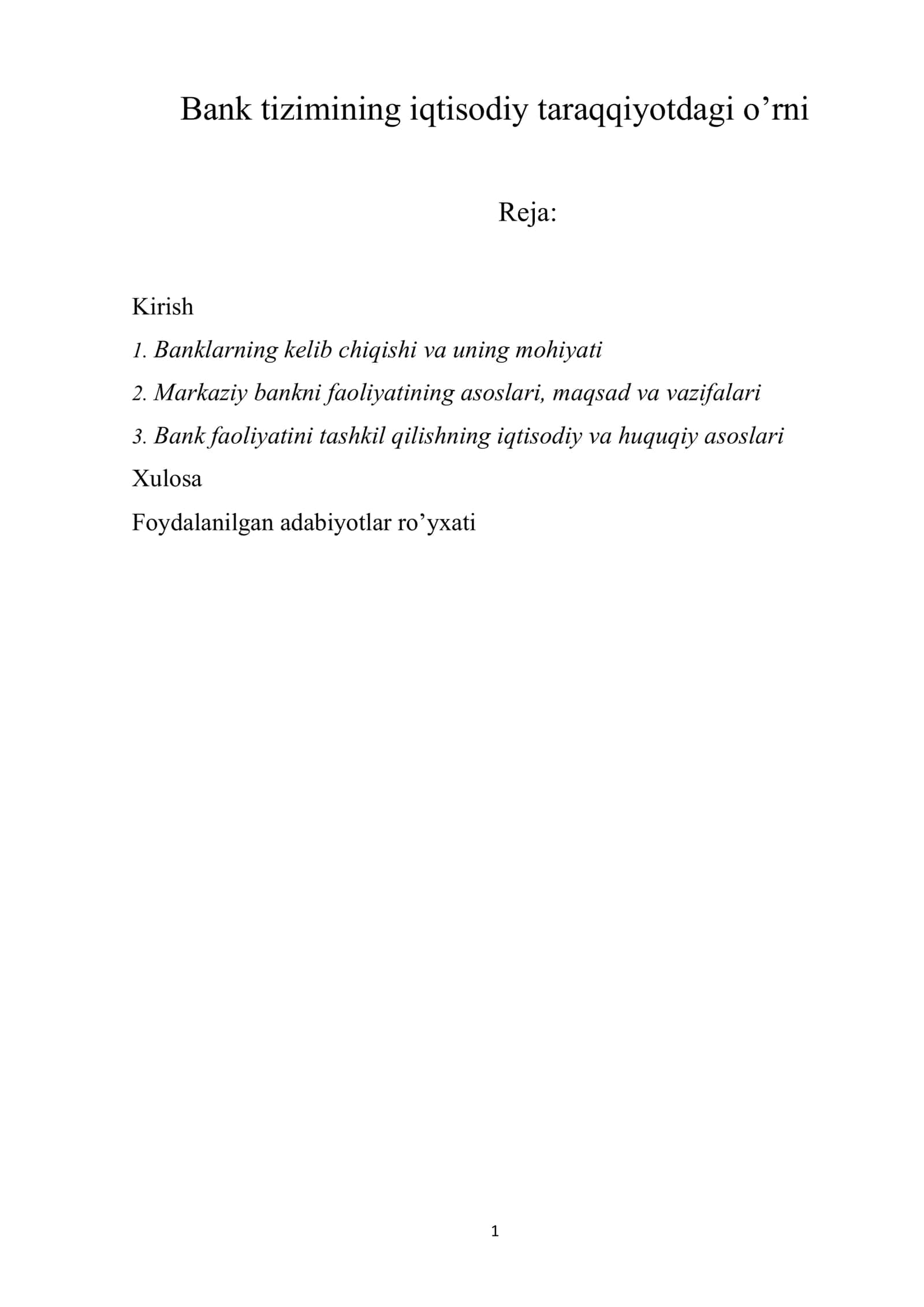 Bank tizimining iqtisodiy taraqqiyotdagi o’rni